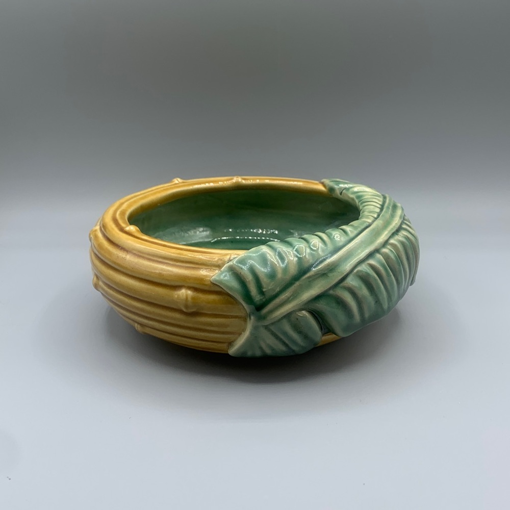 Vintage Round Pottery Glazed Gold Bamboo Bowl Green Leaf Accent